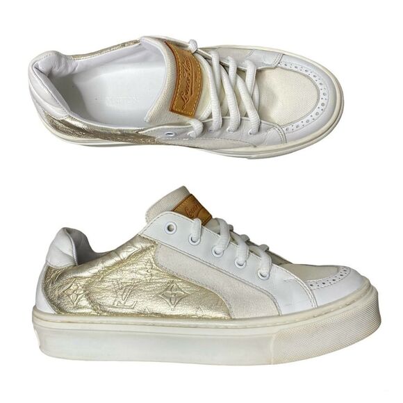 Louis Vuitton Kids Sneakers Gold Monogram Leather Logo 32 / US 1 Unisex - Picture 1 of 9